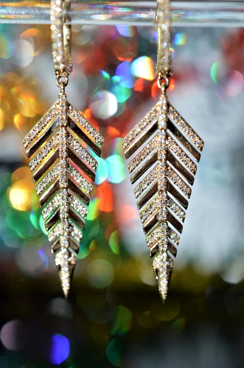 14K Yellow Gold Diamond Feather Dangle Earrings (0.35dtw)