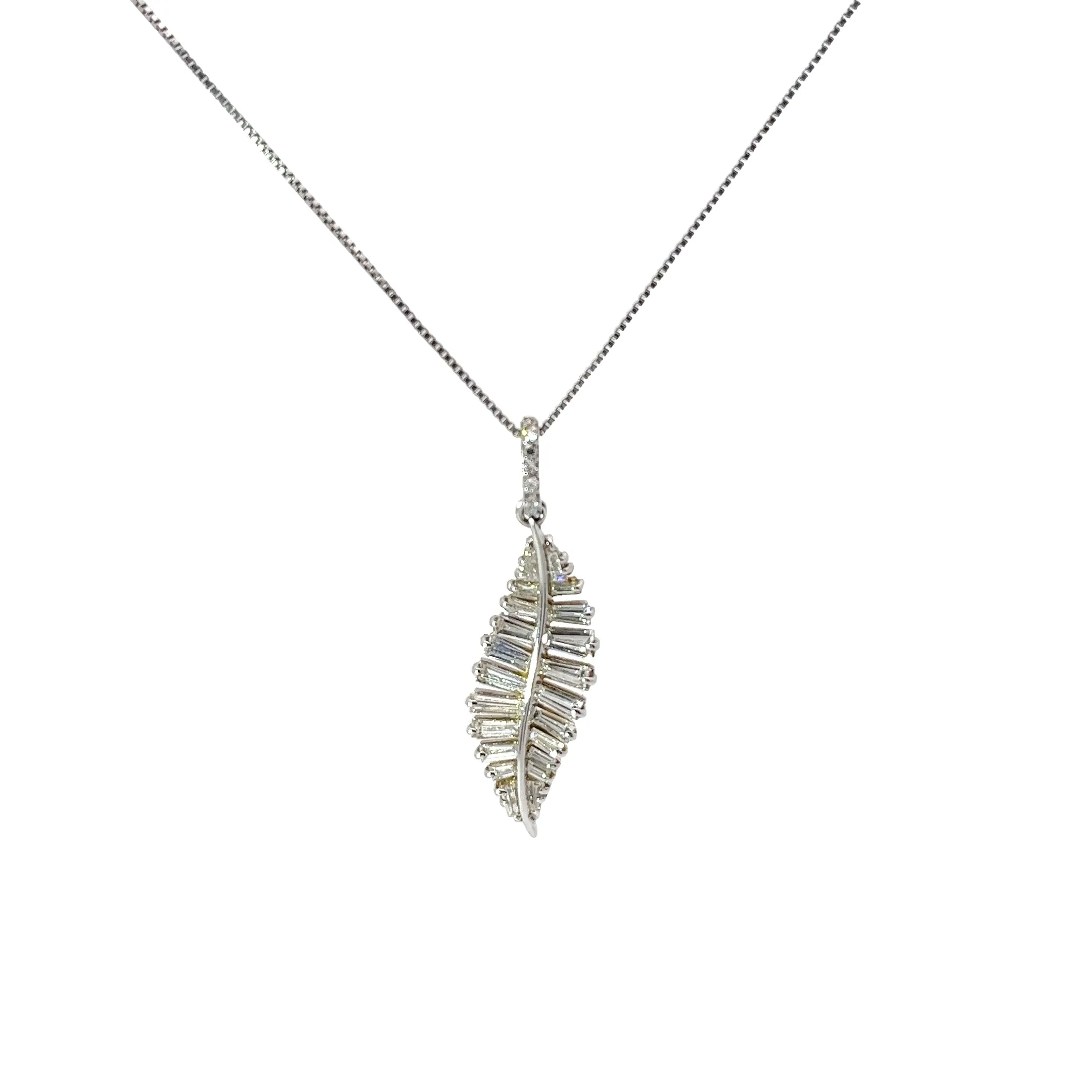 18K White Gold 1.84ct F VS2 Baguette Diamond Feather Necklace