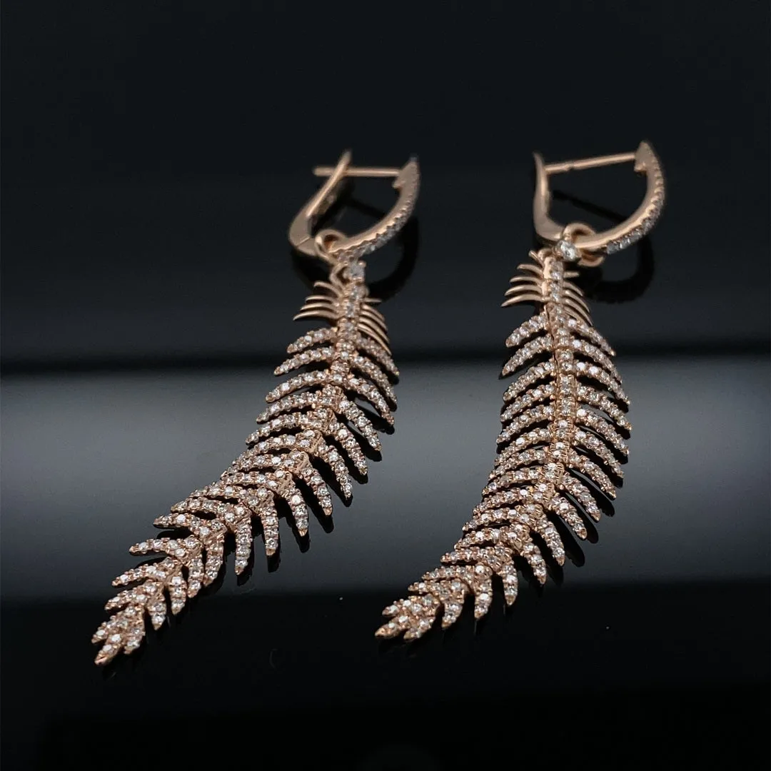 .80ct Dangling Diamond Feather Rose Gold Earrings