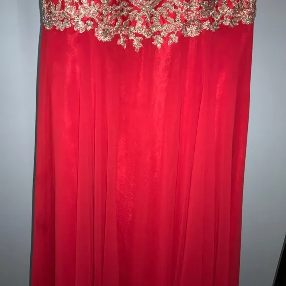 Anny Lee red chiffon formal prom dress gold brocade bodice Sz XXXL halter