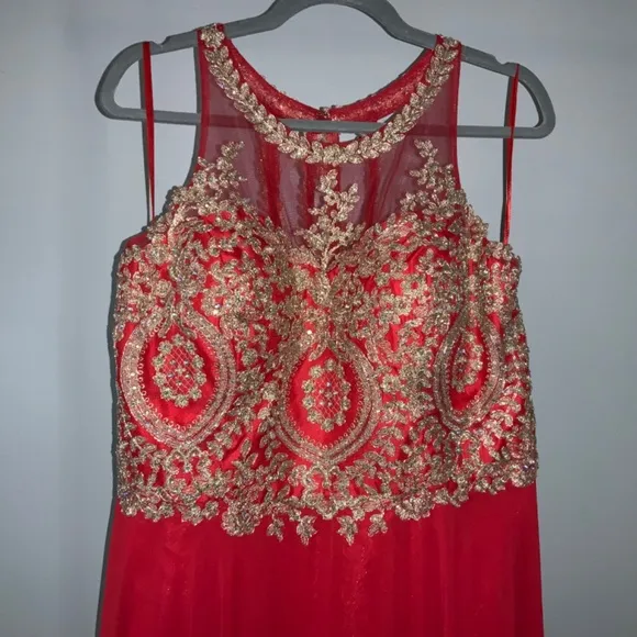 Anny Lee red chiffon formal prom dress gold brocade bodice Sz XXXL halter