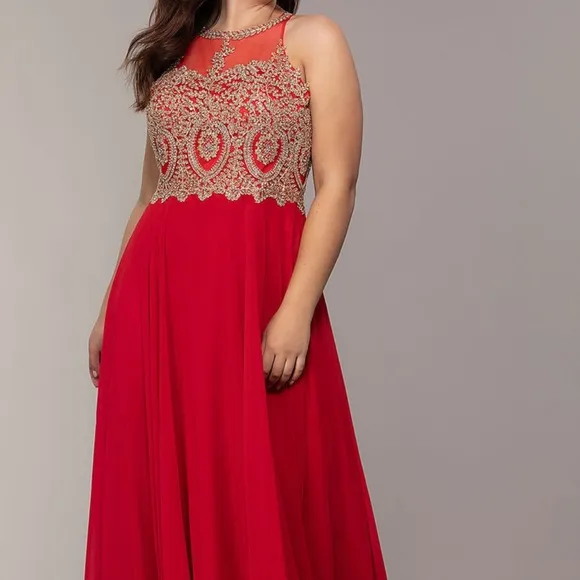 Anny Lee red chiffon formal prom dress gold brocade bodice Sz XXXL halter