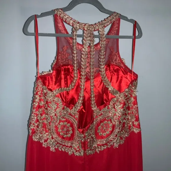 Anny Lee red chiffon formal prom dress gold brocade bodice Sz XXXL halter