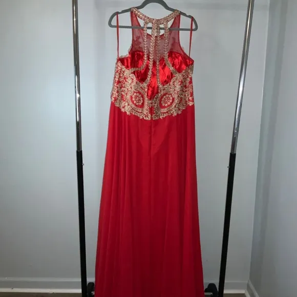 Anny Lee red chiffon formal prom dress gold brocade bodice Sz XXXL halter