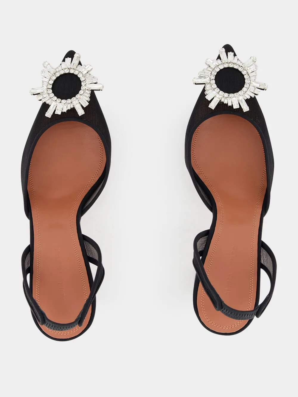 Black Begum Mesh Slingback Heels with White Crystal Buckle