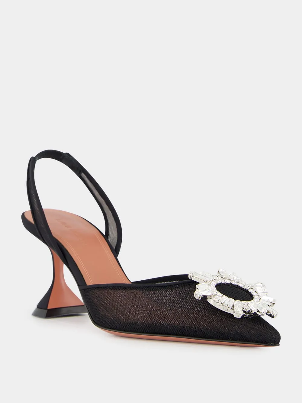 Black Begum Mesh Slingback Heels with White Crystal Buckle