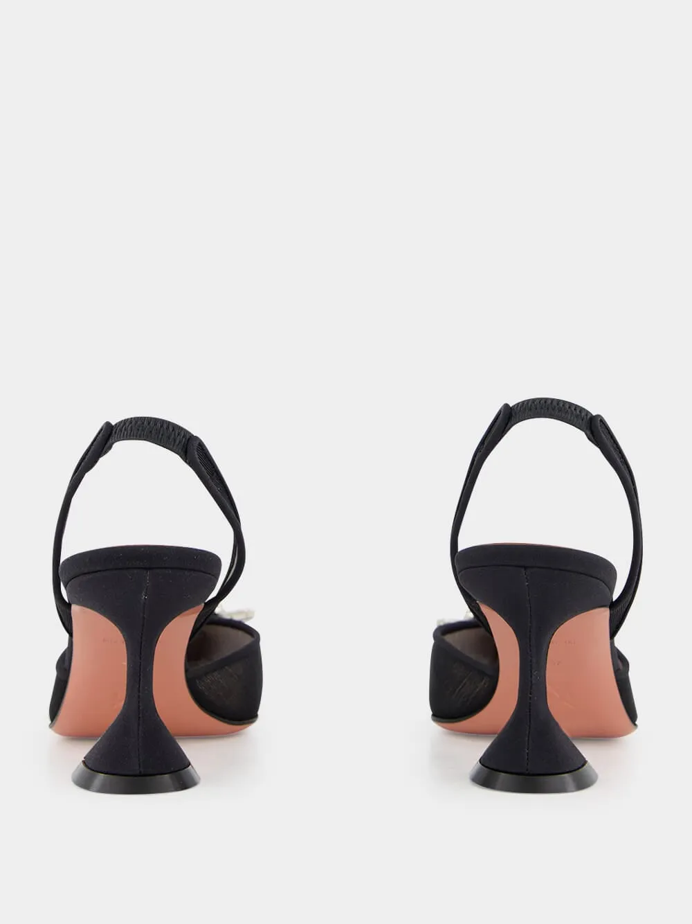 Black Begum Mesh Slingback Heels with White Crystal Buckle