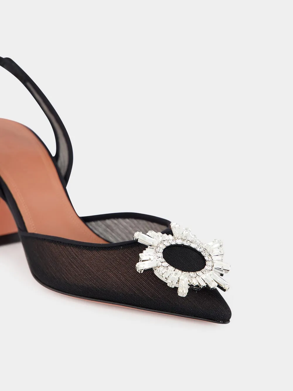 Black Begum Mesh Slingback Heels with White Crystal Buckle