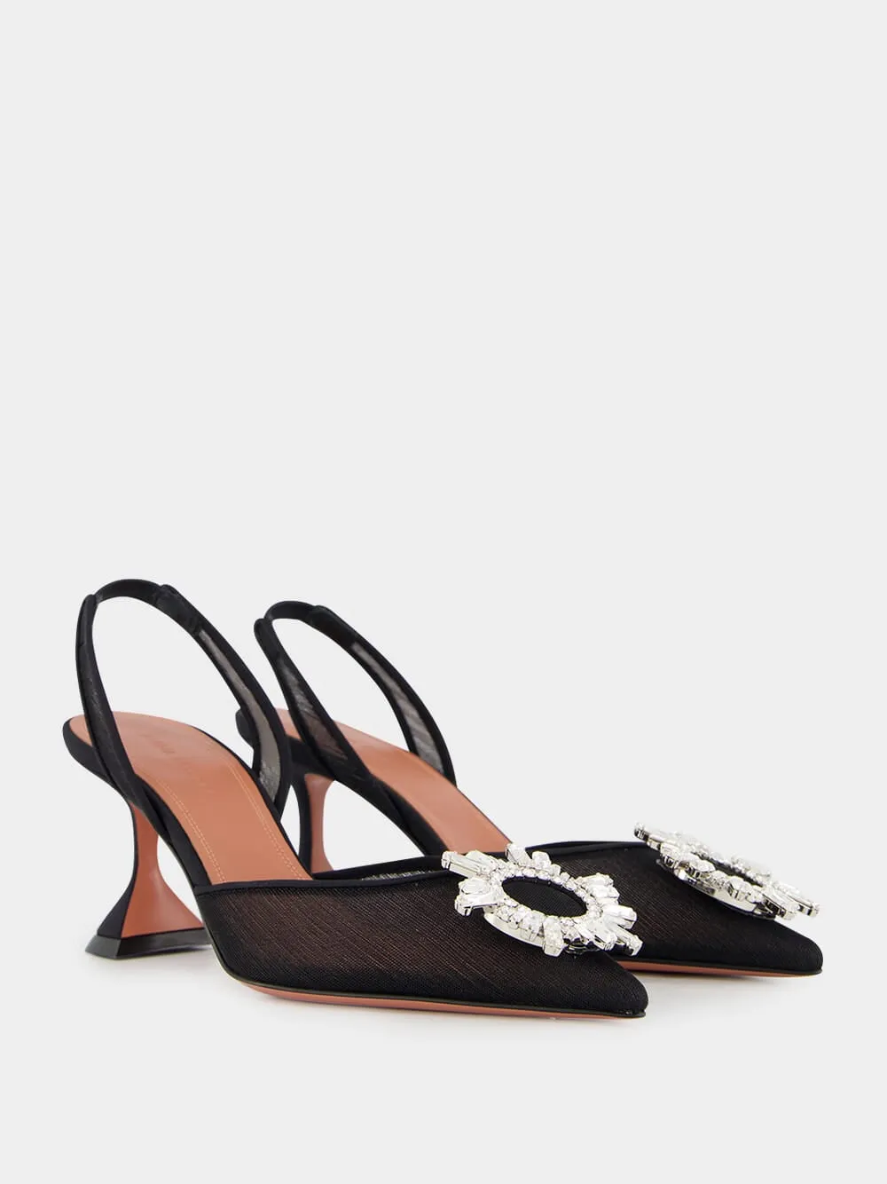 Black Begum Mesh Slingback Heels with White Crystal Buckle