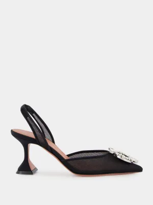 Black Begum Mesh Slingback Heels with White Crystal Buckle