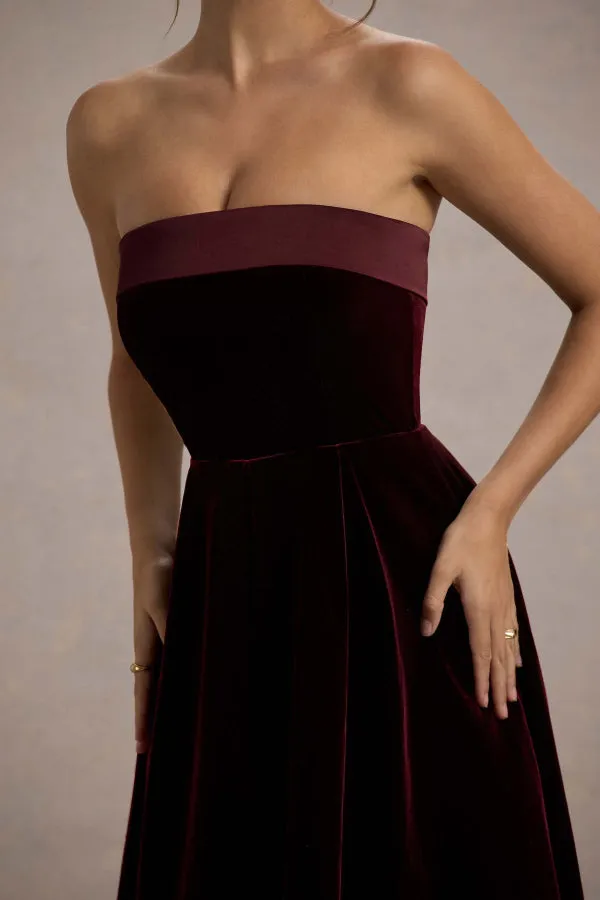 Center of Attention Velvet Satin Neck Bandeau Pleated Midi Dress