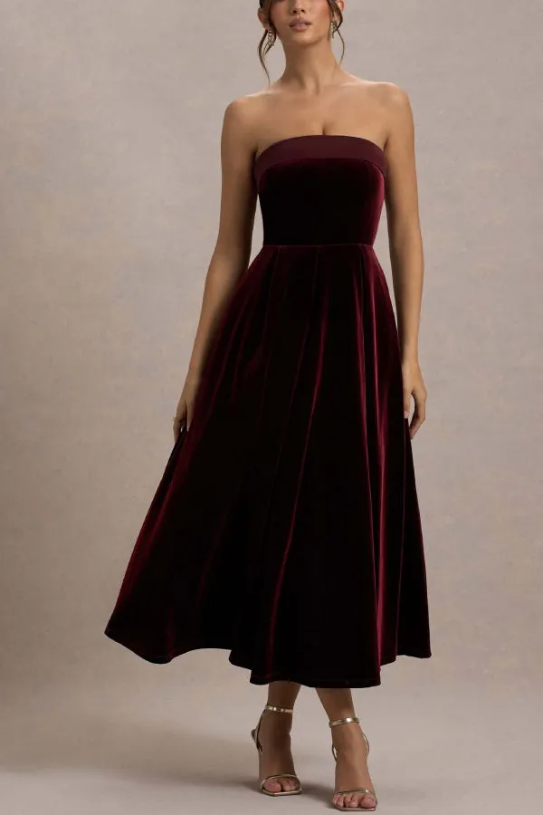 Center of Attention Velvet Satin Neck Bandeau Pleated Midi Dress
