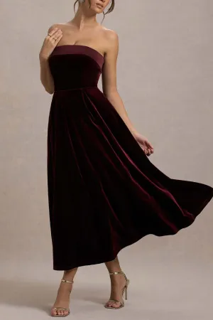 Center of Attention Velvet Satin Neck Bandeau Pleated Midi Dress