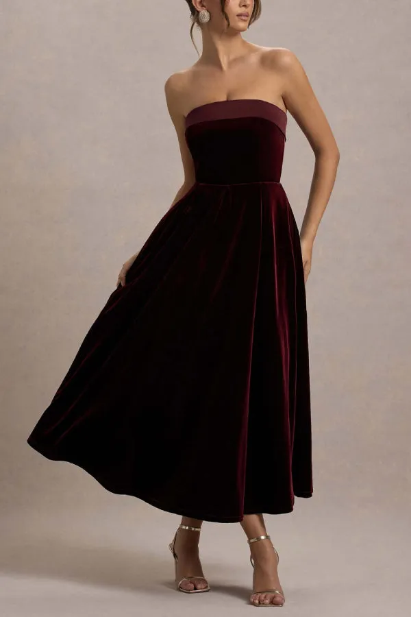 Center of Attention Velvet Satin Neck Bandeau Pleated Midi Dress