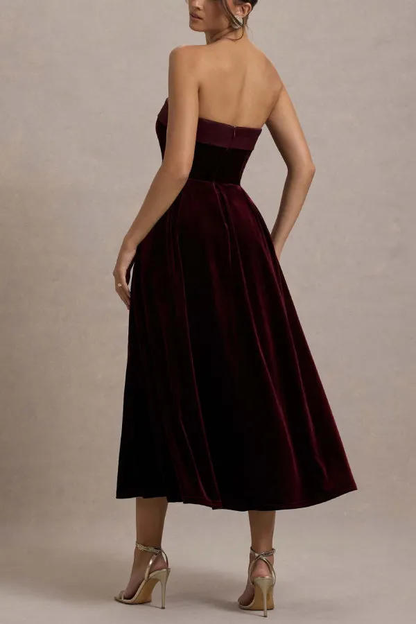 Center of Attention Velvet Satin Neck Bandeau Pleated Midi Dress