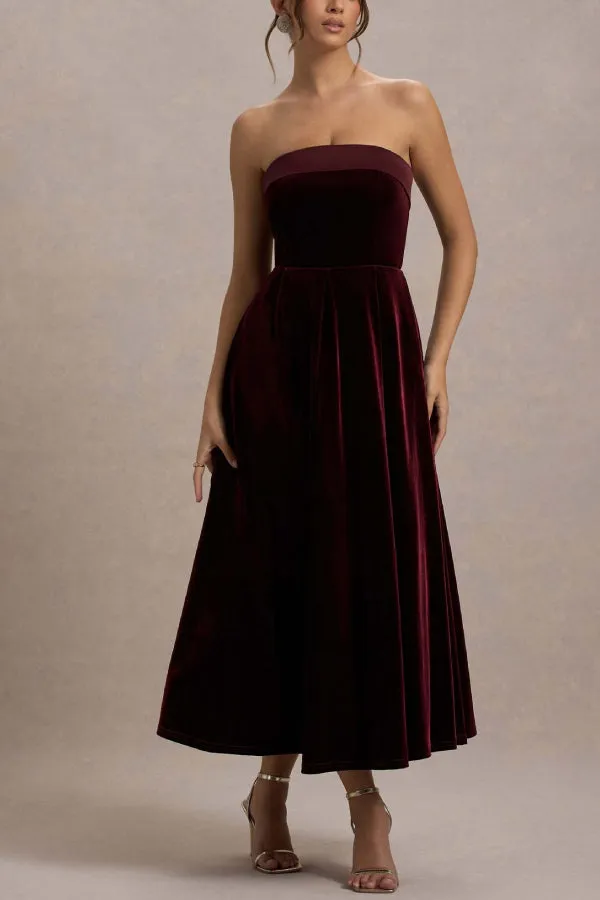 Center of Attention Velvet Satin Neck Bandeau Pleated Midi Dress