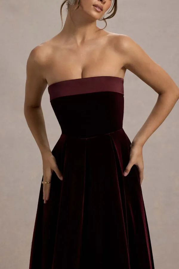 Center of Attention Velvet Satin Neck Bandeau Pleated Midi Dress