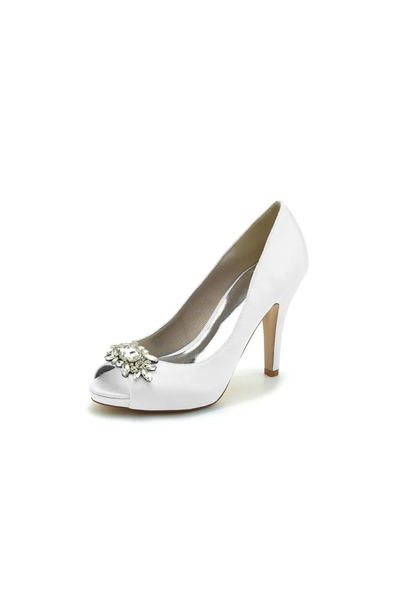 Champagne Satin High Heels with Crystal Flower Ornament