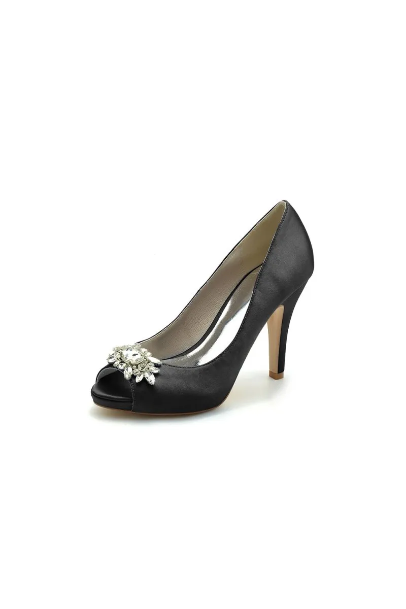 Champagne Satin High Heels with Crystal Flower Ornament