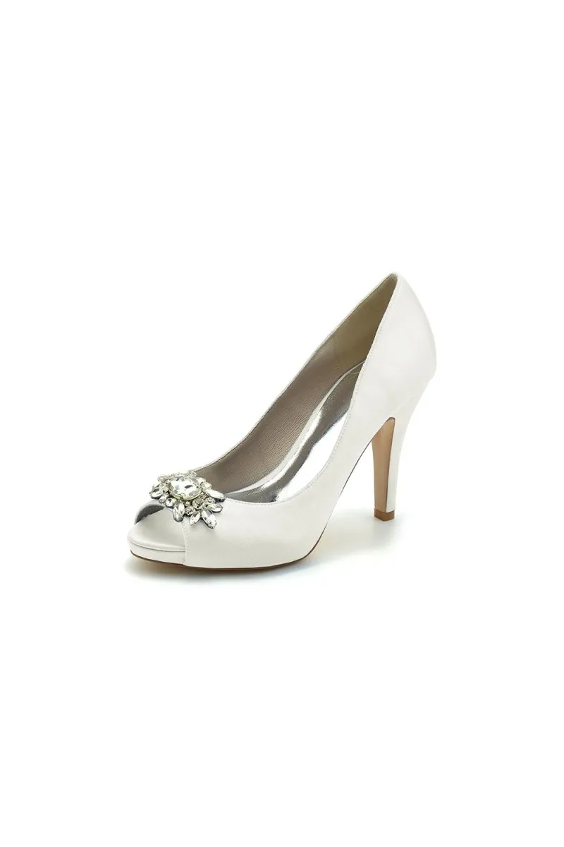 Champagne Satin High Heels with Crystal Flower Ornament