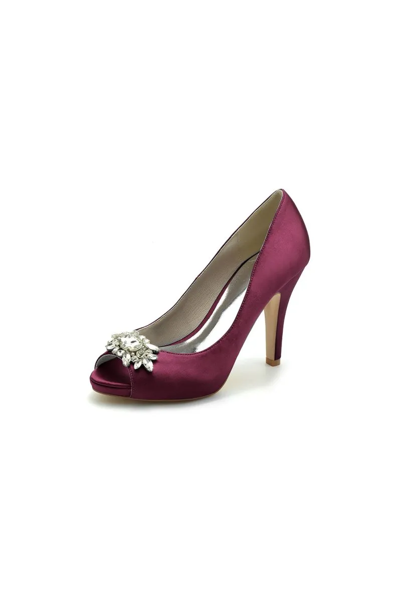 Champagne Satin High Heels with Crystal Flower Ornament