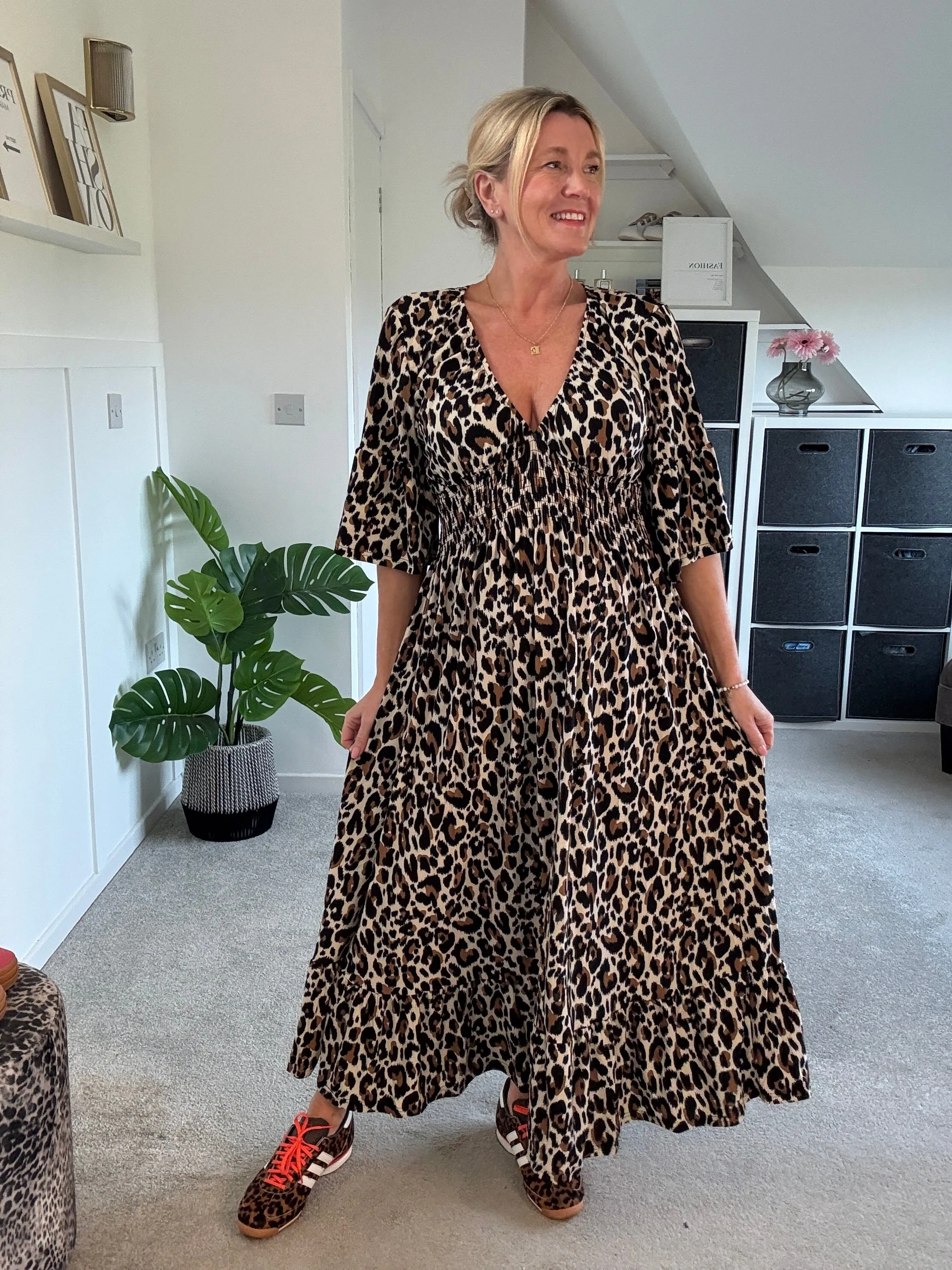 Classic Leopard Shirred Waist Dress