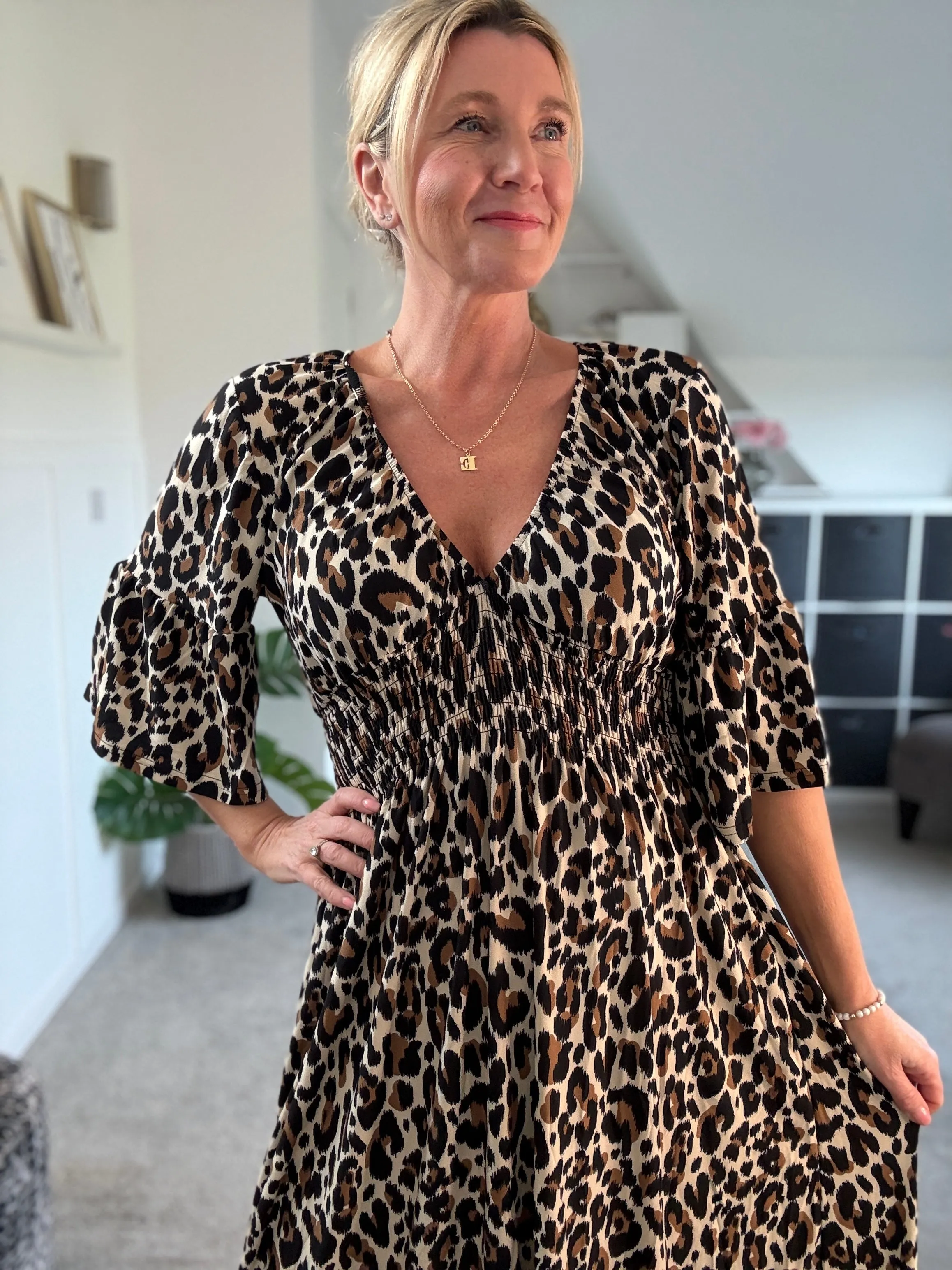 Classic Leopard Shirred Waist Dress