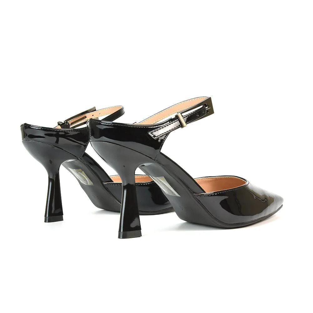 Daisy Stiletto High Heel Strappy Pointed Toe Slip On Shoes in Black Patent
