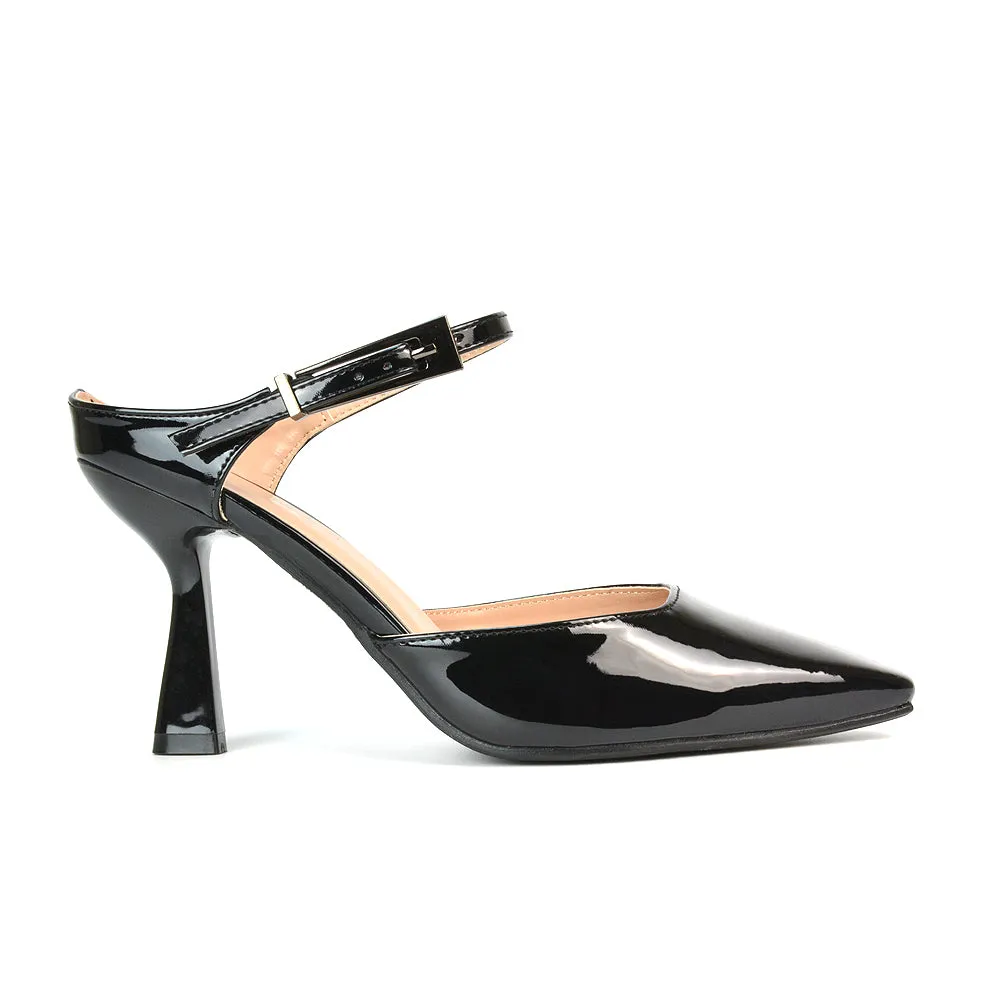 Daisy Stiletto High Heel Strappy Pointed Toe Slip On Shoes in Black Patent