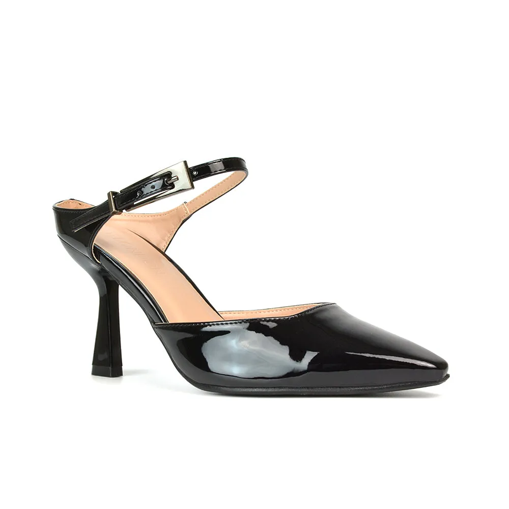 Daisy Stiletto High Heel Strappy Pointed Toe Slip On Shoes in Black Patent