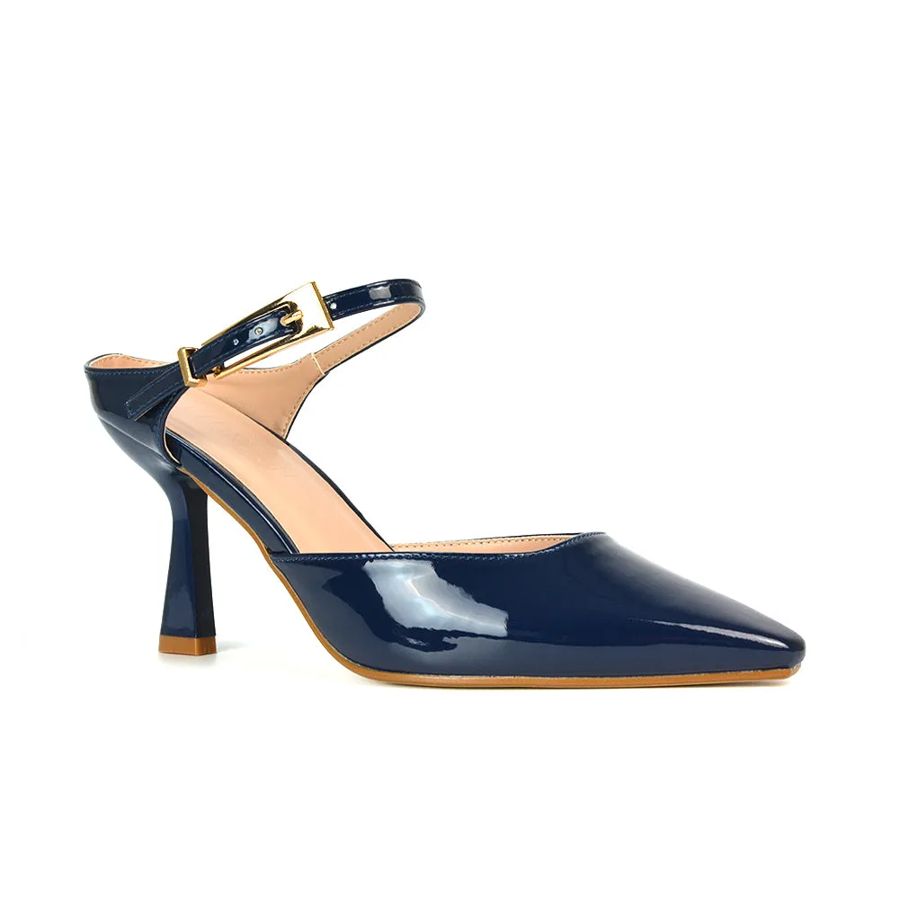 Daisy Stiletto High Heel Strappy Pointed Toe Slip On Shoes in Black Patent