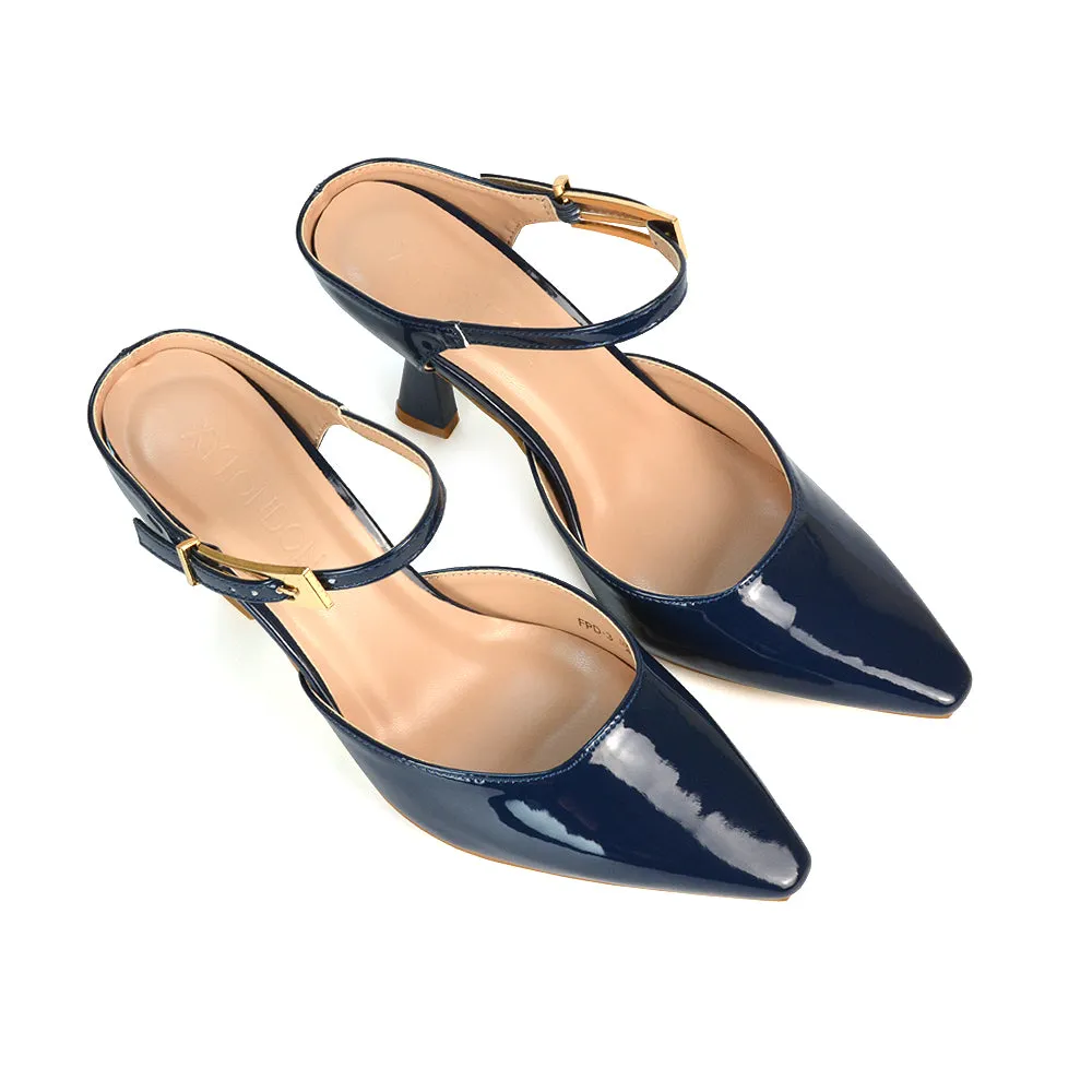 Daisy Stiletto High Heel Strappy Pointed Toe Slip On Shoes in Black Patent