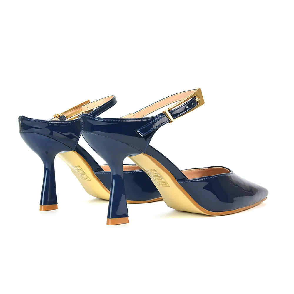 Daisy Stiletto High Heel Strappy Pointed Toe Slip On Shoes in Black Patent