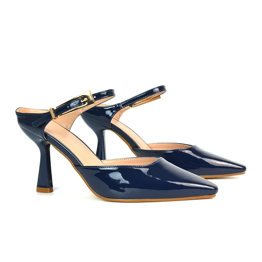 Daisy Stiletto High Heel Strappy Pointed Toe Slip On Shoes in Black Patent