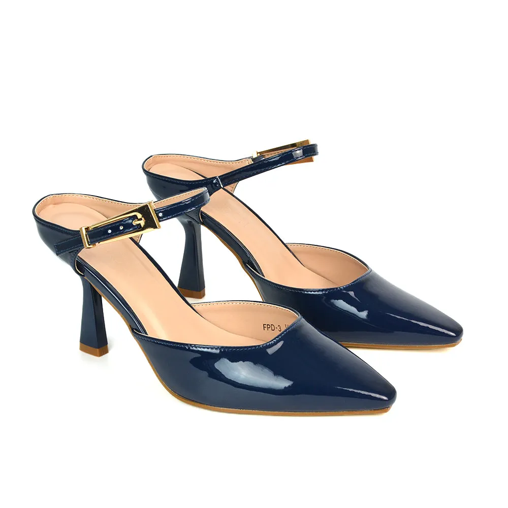 Daisy Stiletto High Heel Strappy Pointed Toe Slip On Shoes in Black Patent