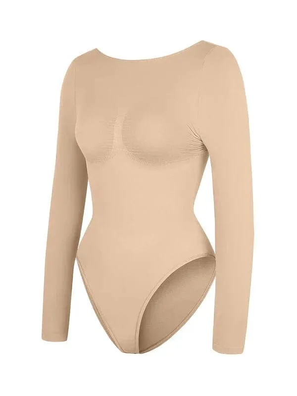 Deep Back Long Sleeve Tummy Control Shapewear Bodysuit