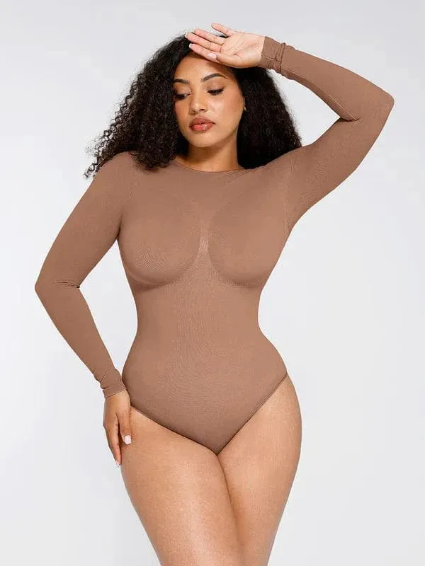 Deep Back Long Sleeve Tummy Control Shapewear Bodysuit