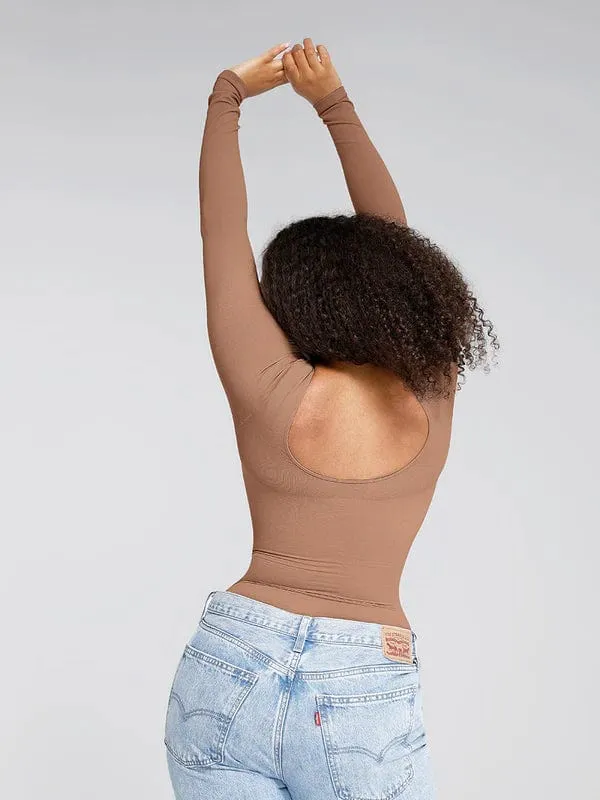 Deep Back Long Sleeve Tummy Control Shapewear Bodysuit