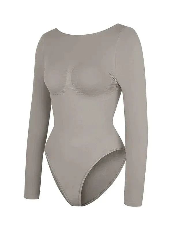 Deep Back Long Sleeve Tummy Control Shapewear Bodysuit