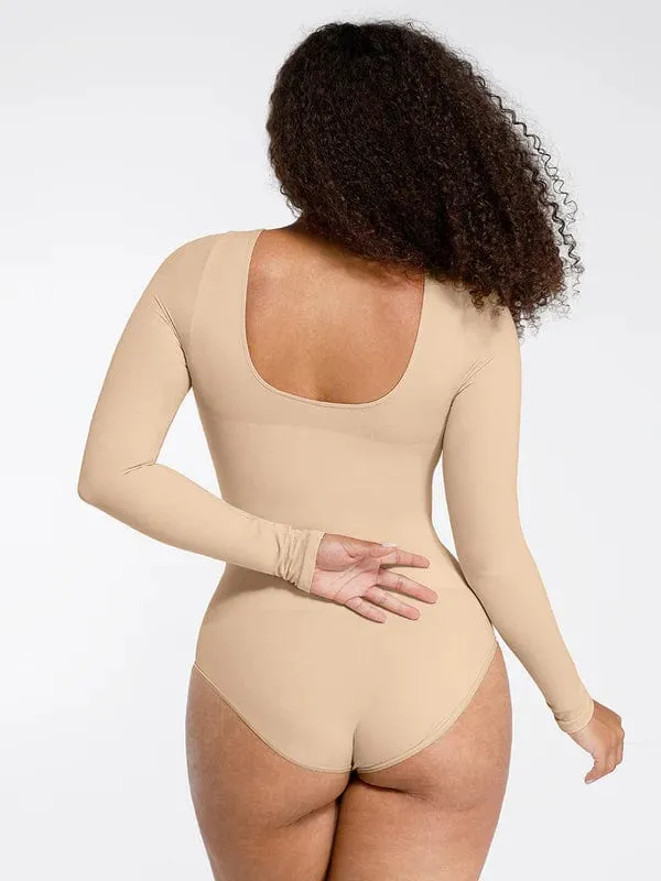Deep Back Long Sleeve Tummy Control Shapewear Bodysuit