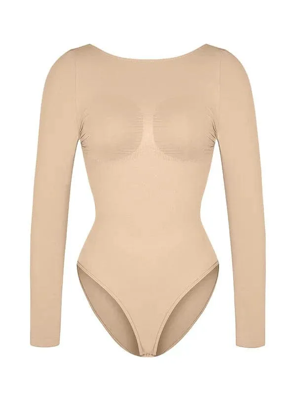 Deep Back Long Sleeve Tummy Control Shapewear Bodysuit