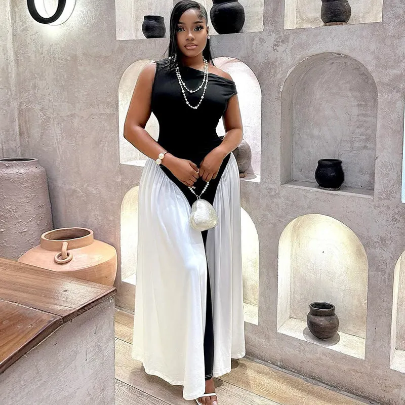 Elegant Sleeveless Contrast Maxi Dress with Flowing Split Skirt