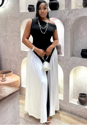 Elegant Sleeveless Contrast Maxi Dress with Flowing Split Skirt