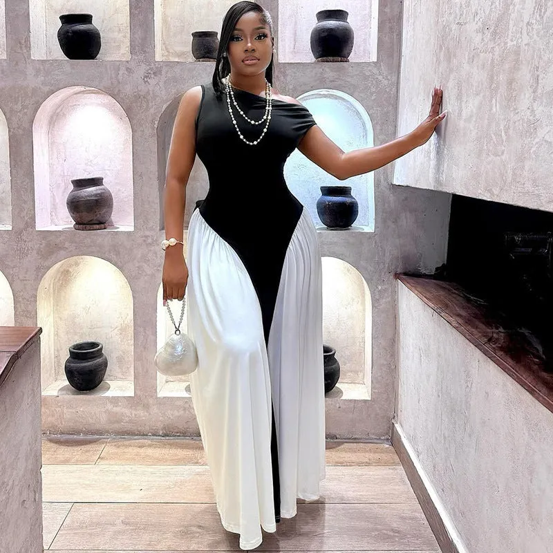 Elegant Sleeveless Contrast Maxi Dress with Flowing Split Skirt