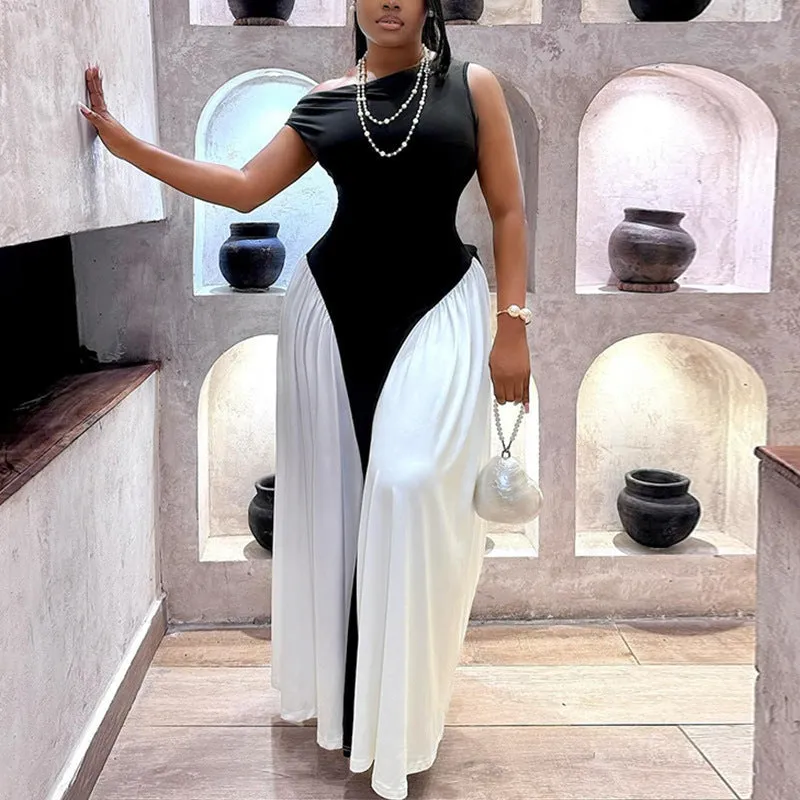 Elegant Sleeveless Contrast Maxi Dress with Flowing Split Skirt
