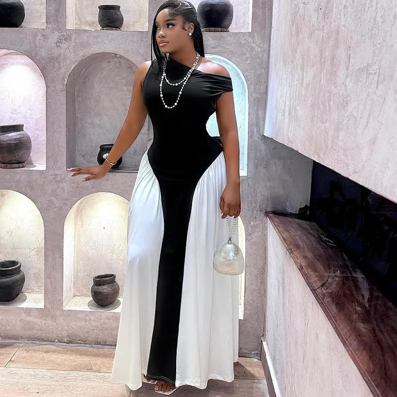 Elegant Sleeveless Contrast Maxi Dress with Flowing Split Skirt