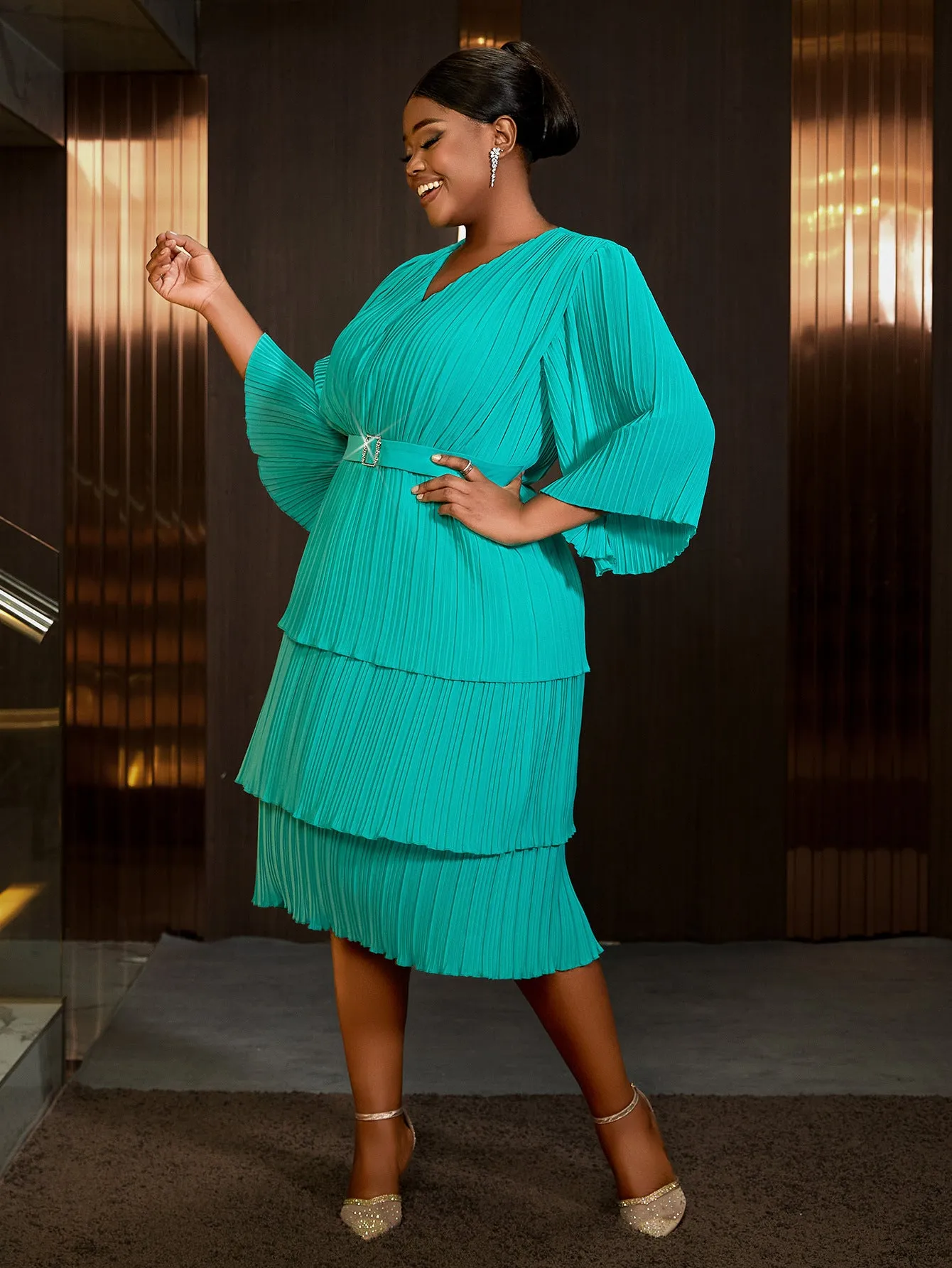 Elegant Tiered Pleated Chiffon Dress with Flowy Bell Sleeves
