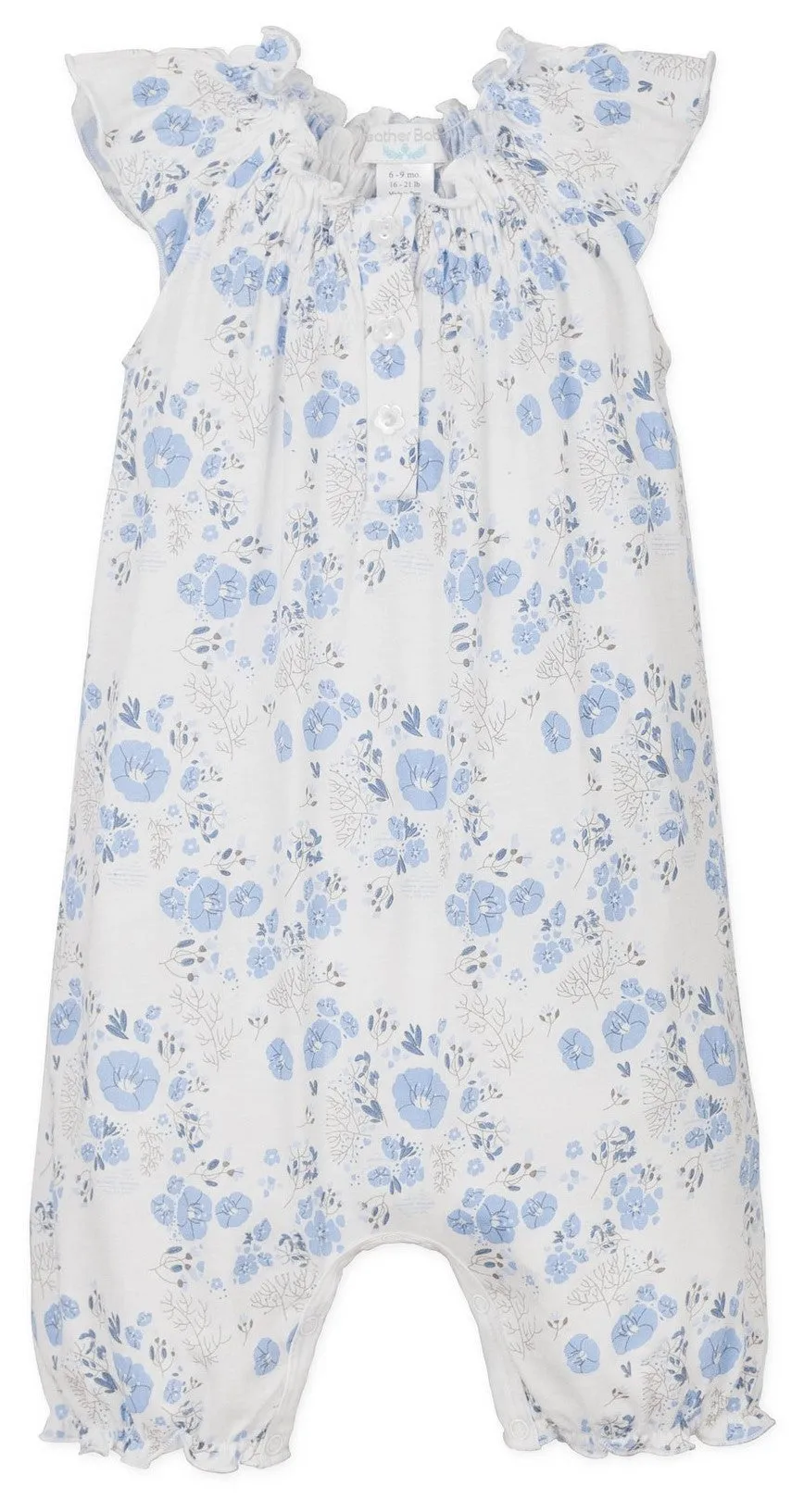 Feather Baby Blue on White Maria Angel Sleeve Romper