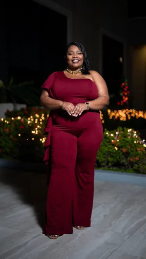 FERRA RUFFLE SIDE ONE SHOULDER JUMPSUIT - BURGUNDY