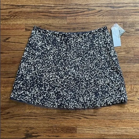French Connection Eero Sequin Mini Skirt in Navy Silver Combo NWT
